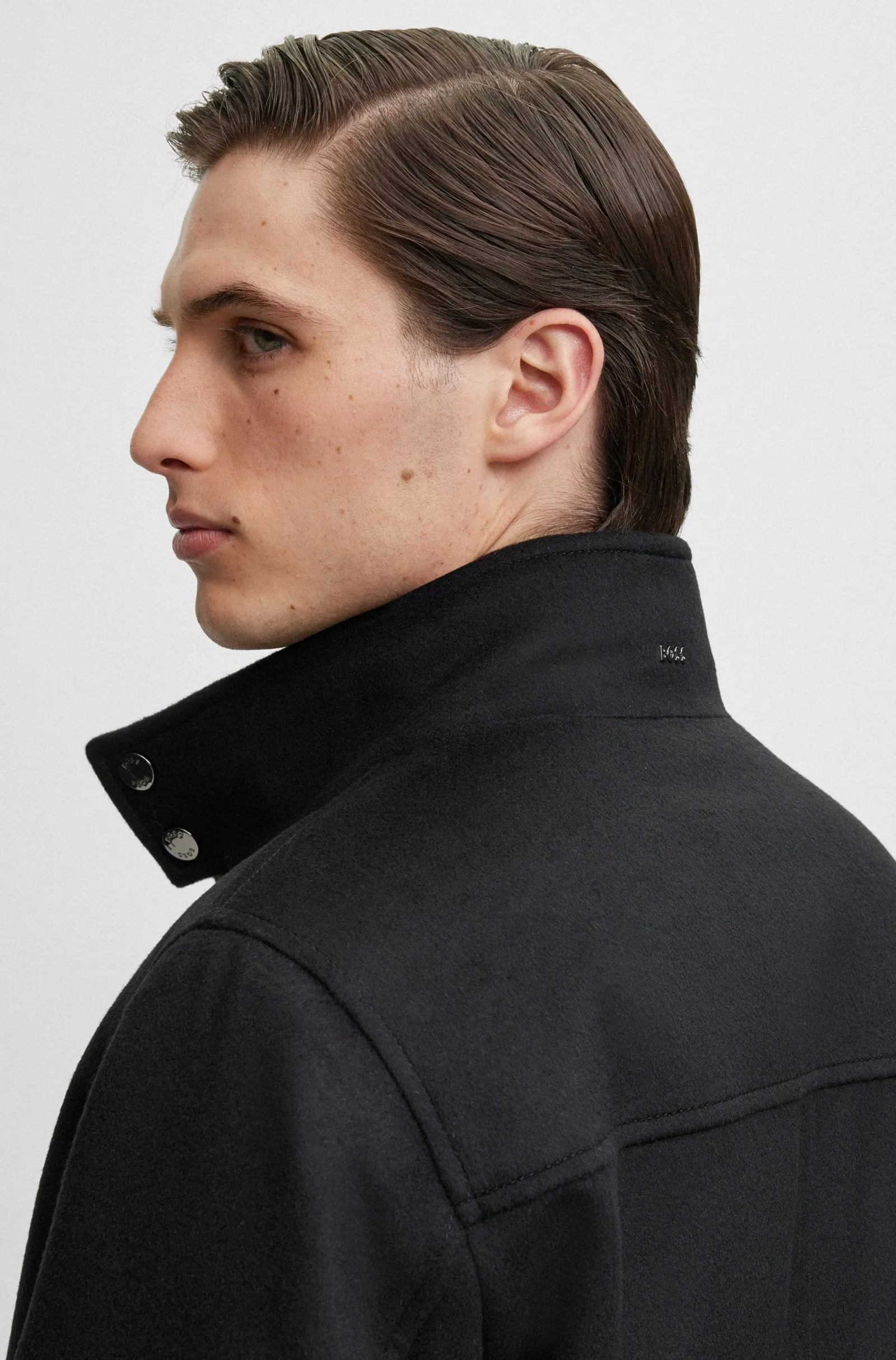 Hugo Boss Relaxed Fit Coxtan High Collar Coat in Wool and Cashmere - Black