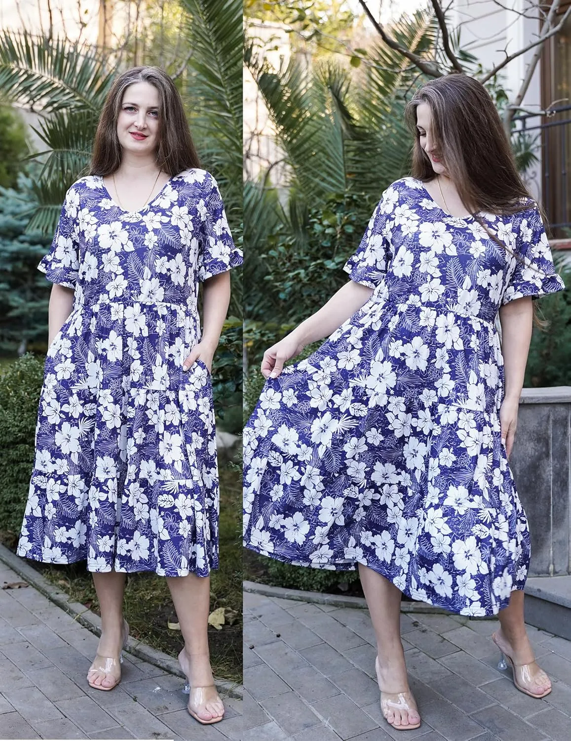 IN'VOLAND Womens Plus Size Short Sleeve Dress Summer Midi Casual Tiered V-Neck Aline Flowy Loose Dresses with Pockets