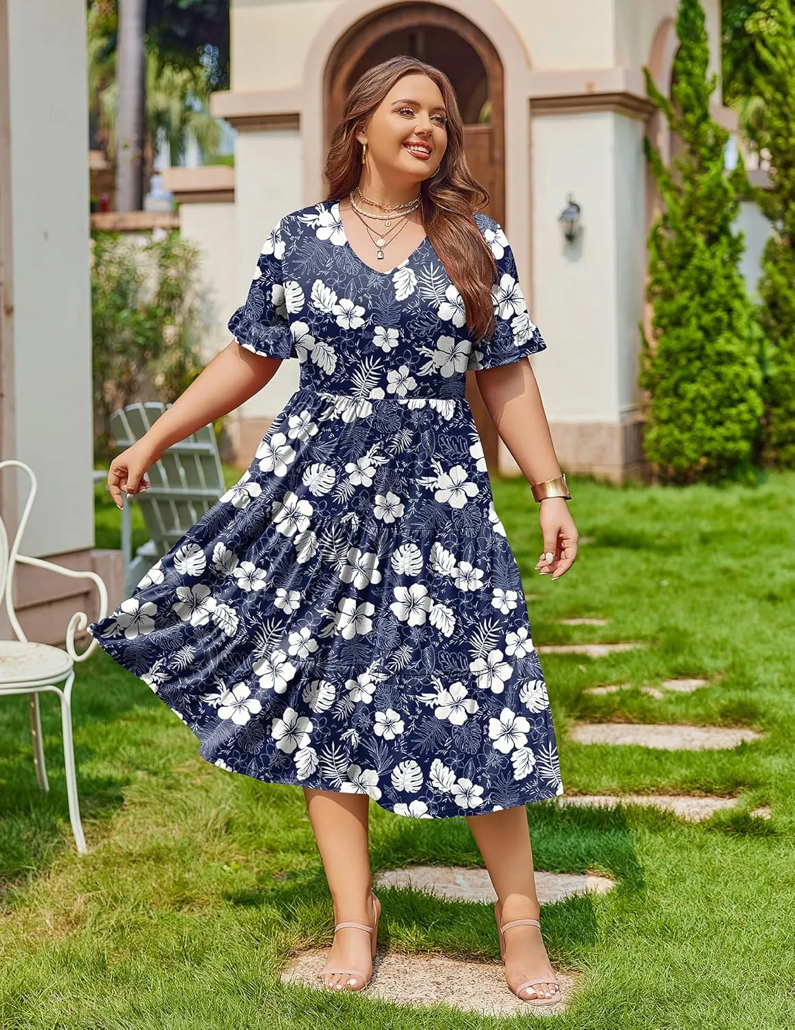 IN'VOLAND Womens Plus Size Short Sleeve Dress Summer Midi Casual Tiered V-Neck Aline Flowy Loose Dresses with Pockets