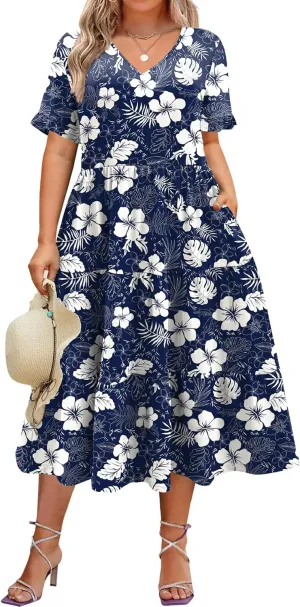 IN'VOLAND Womens Plus Size Short Sleeve Dress Summer Midi Casual Tiered V-Neck Aline Flowy Loose Dresses with Pockets