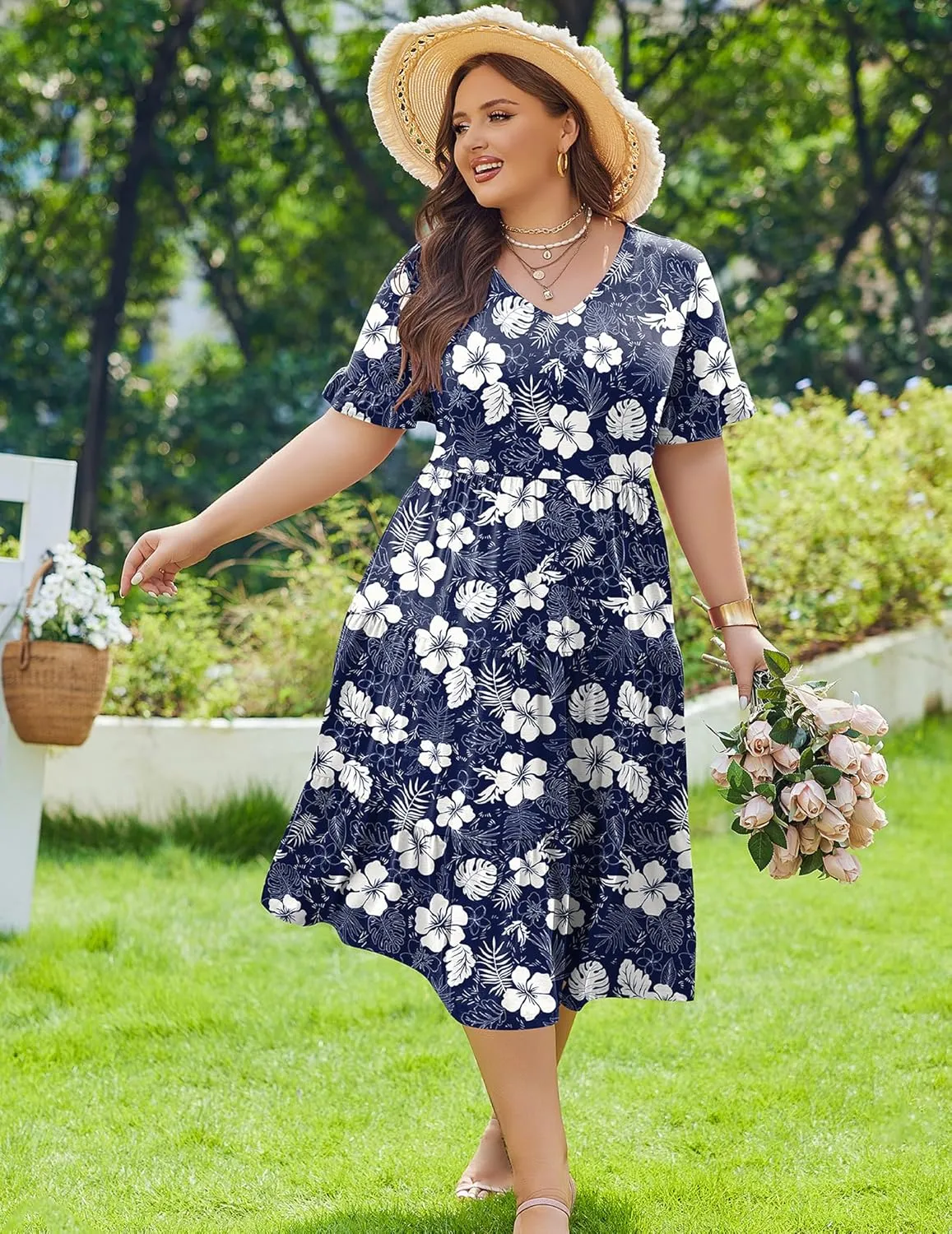 IN'VOLAND Womens Plus Size Short Sleeve Dress Summer Midi Casual Tiered V-Neck Aline Flowy Loose Dresses with Pockets