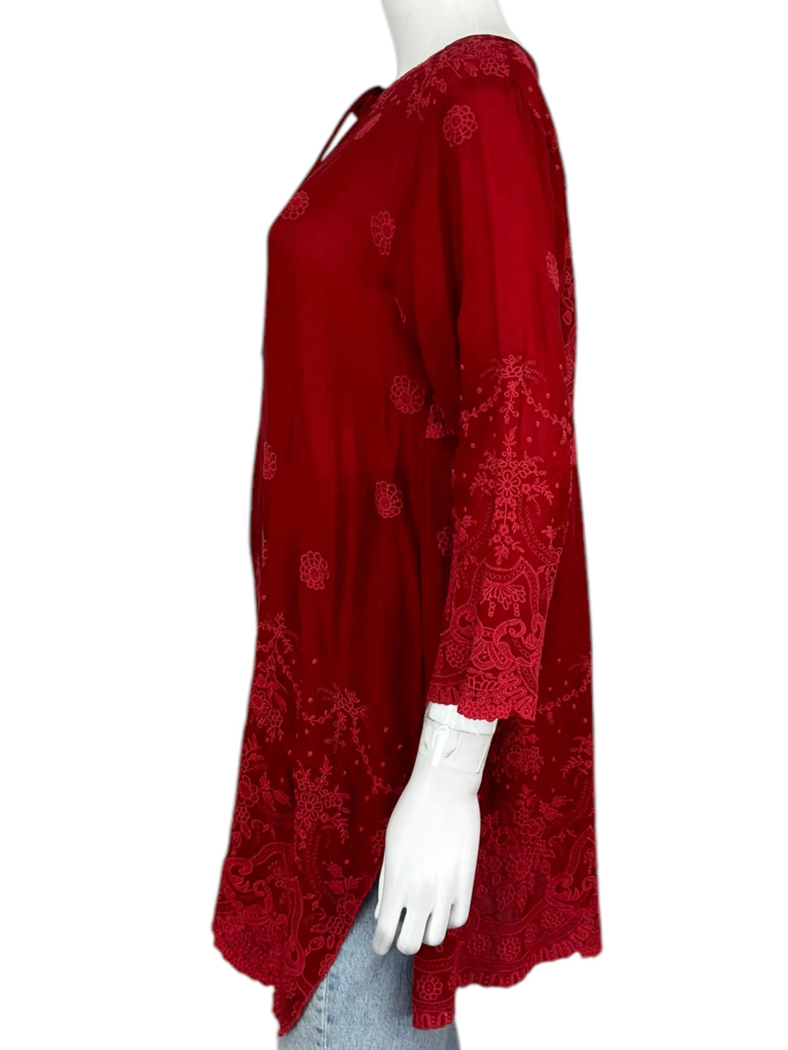 Johnny Was Red V-Neck Embroidered Blouse Size M
