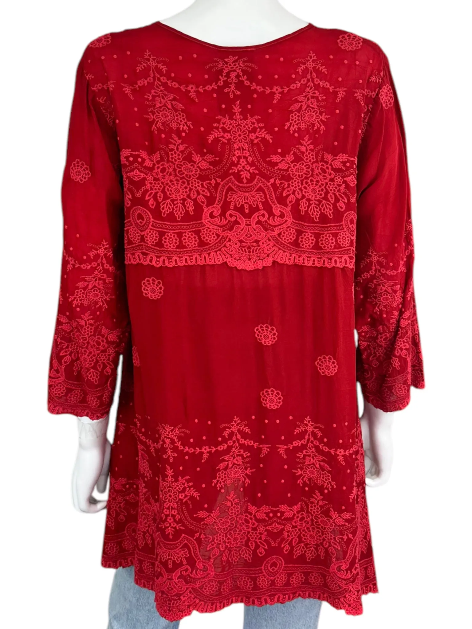 Johnny Was Red V-Neck Embroidered Blouse Size M