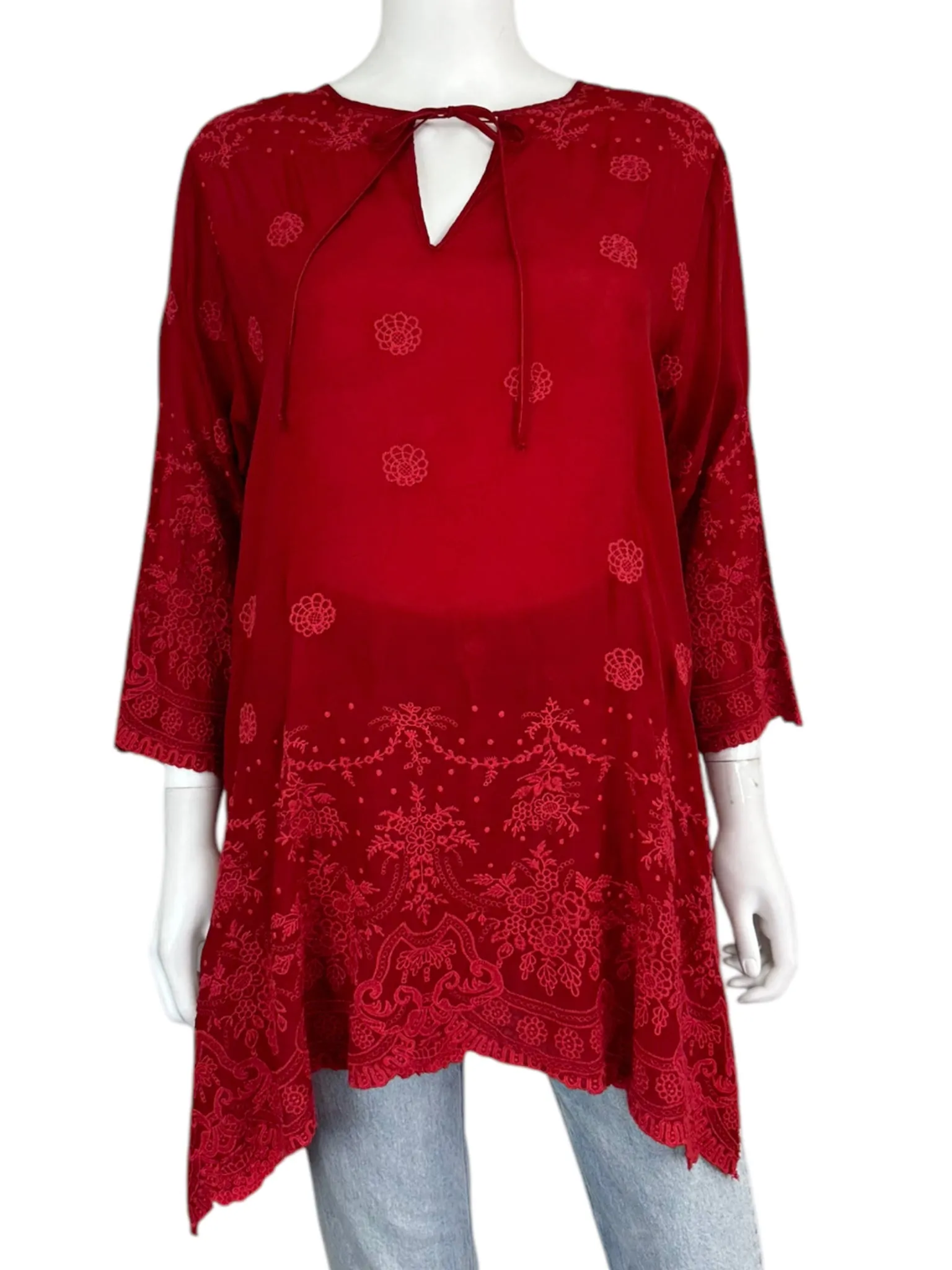 Johnny Was Red V-Neck Embroidered Blouse Size M