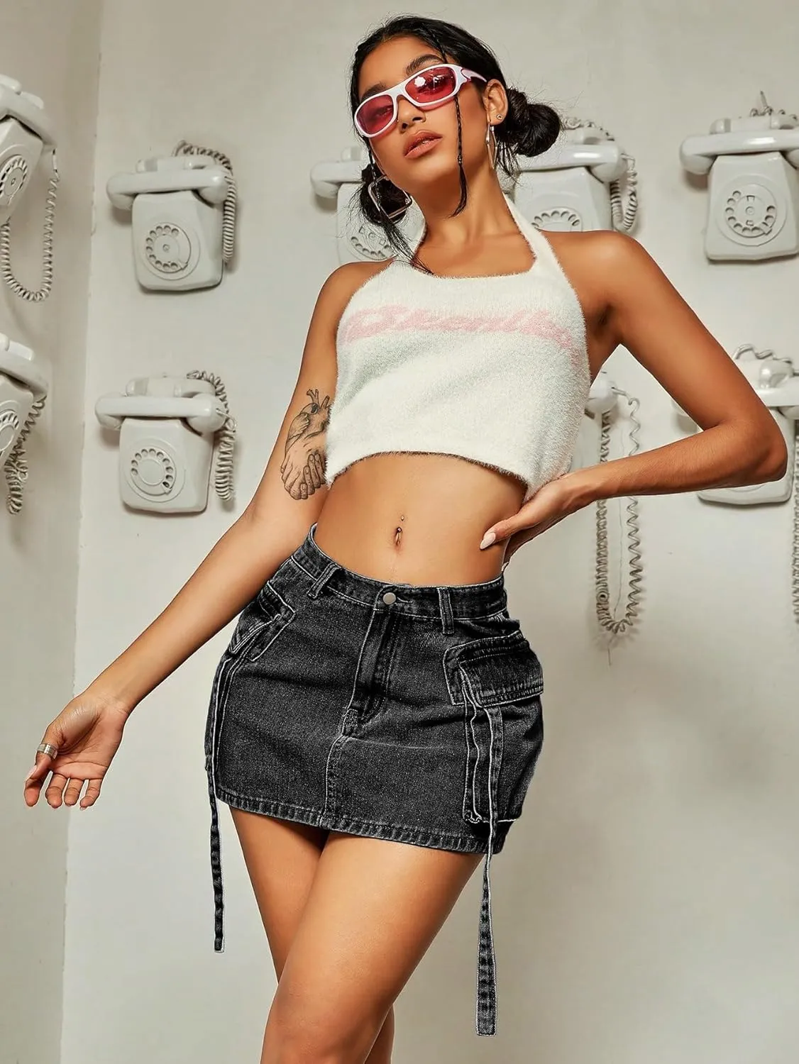 Jumppmile Womens Cargo Denim Skirt Mid Waist Mini Dress Cargo Jean Skirt