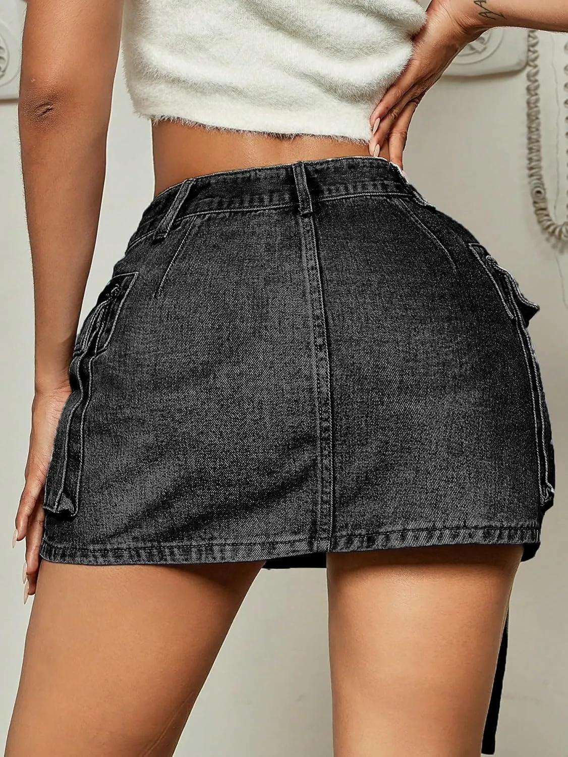 Jumppmile Womens Cargo Denim Skirt Mid Waist Mini Dress Cargo Jean Skirt