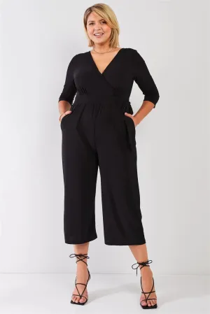 Junior Plus Black Plunging V-Neck Midi Sleeve Self-Tie Waist Detail Wide Leg Midi Jumpsuit /0X