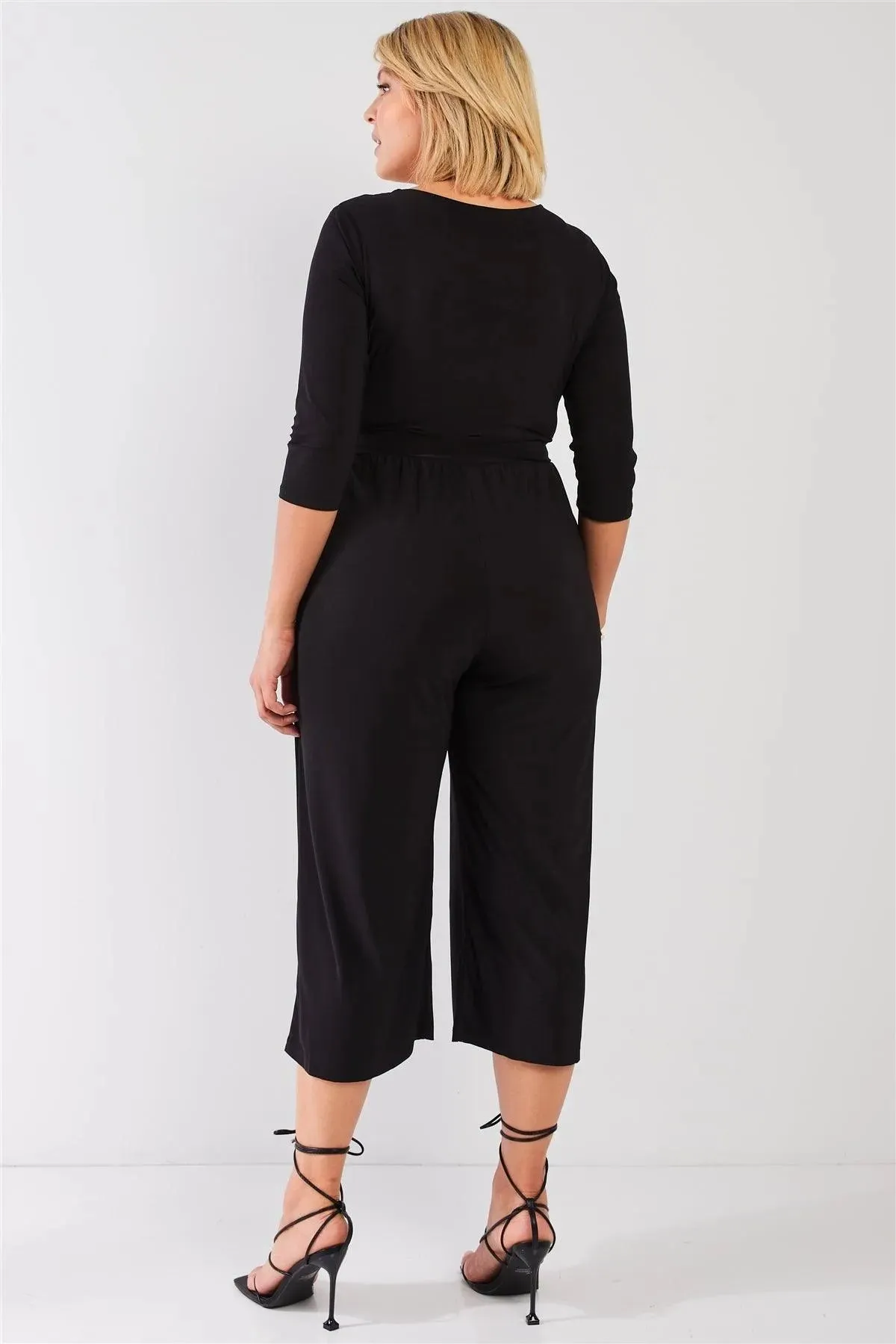 Junior Plus Black Plunging V-Neck Midi Sleeve Self-Tie Waist Detail Wide Leg Midi Jumpsuit /0X