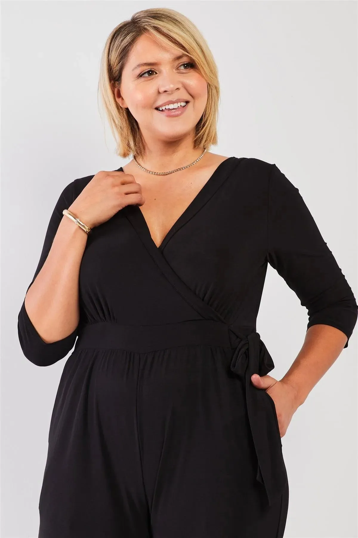 Junior Plus Black Plunging V-Neck Midi Sleeve Self-Tie Waist Detail Wide Leg Midi Jumpsuit /0X