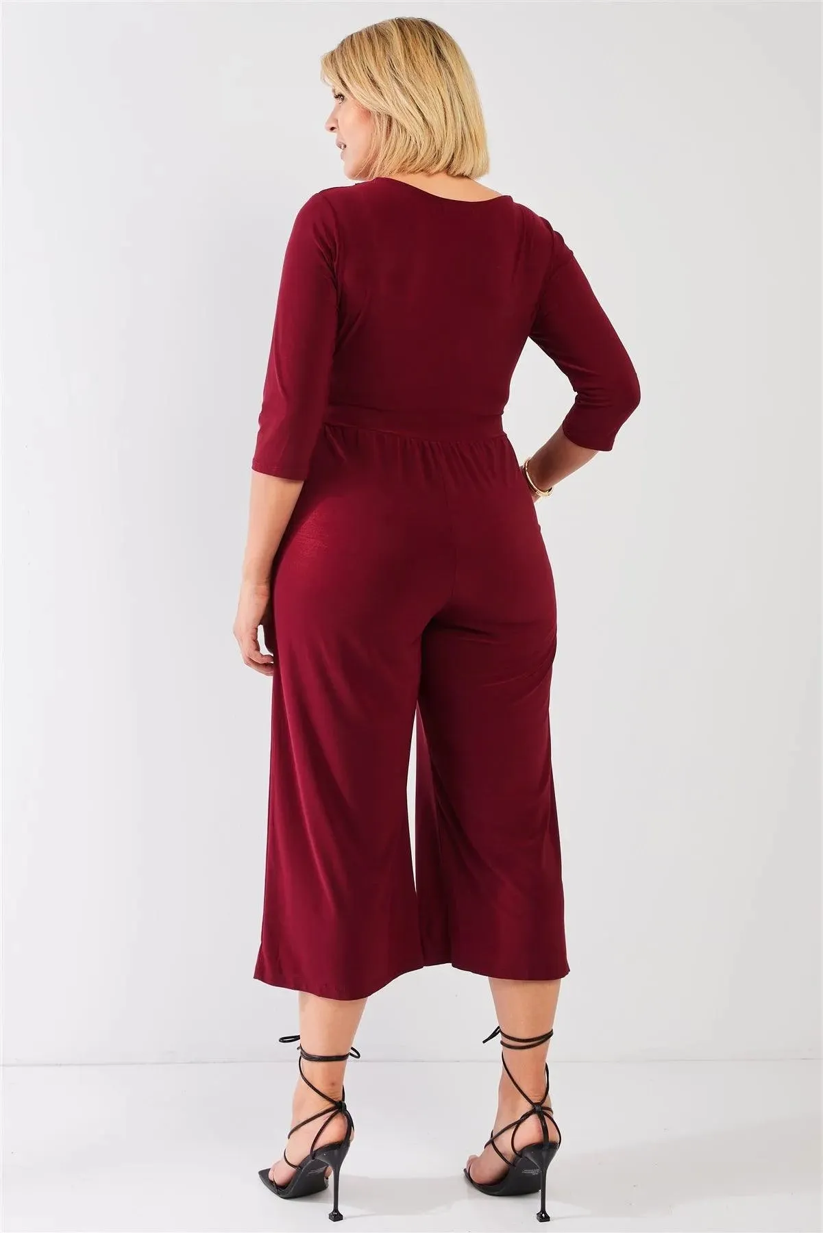 Junior Plus Burgundy Plunging V-Neck Midi Sleeve Self-Tie Waist Detail Wide Leg Midi Jumpsuit /0X