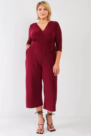 Junior Plus Burgundy Plunging V-Neck Midi Sleeve Self-Tie Waist Detail Wide Leg Midi Jumpsuit /0X