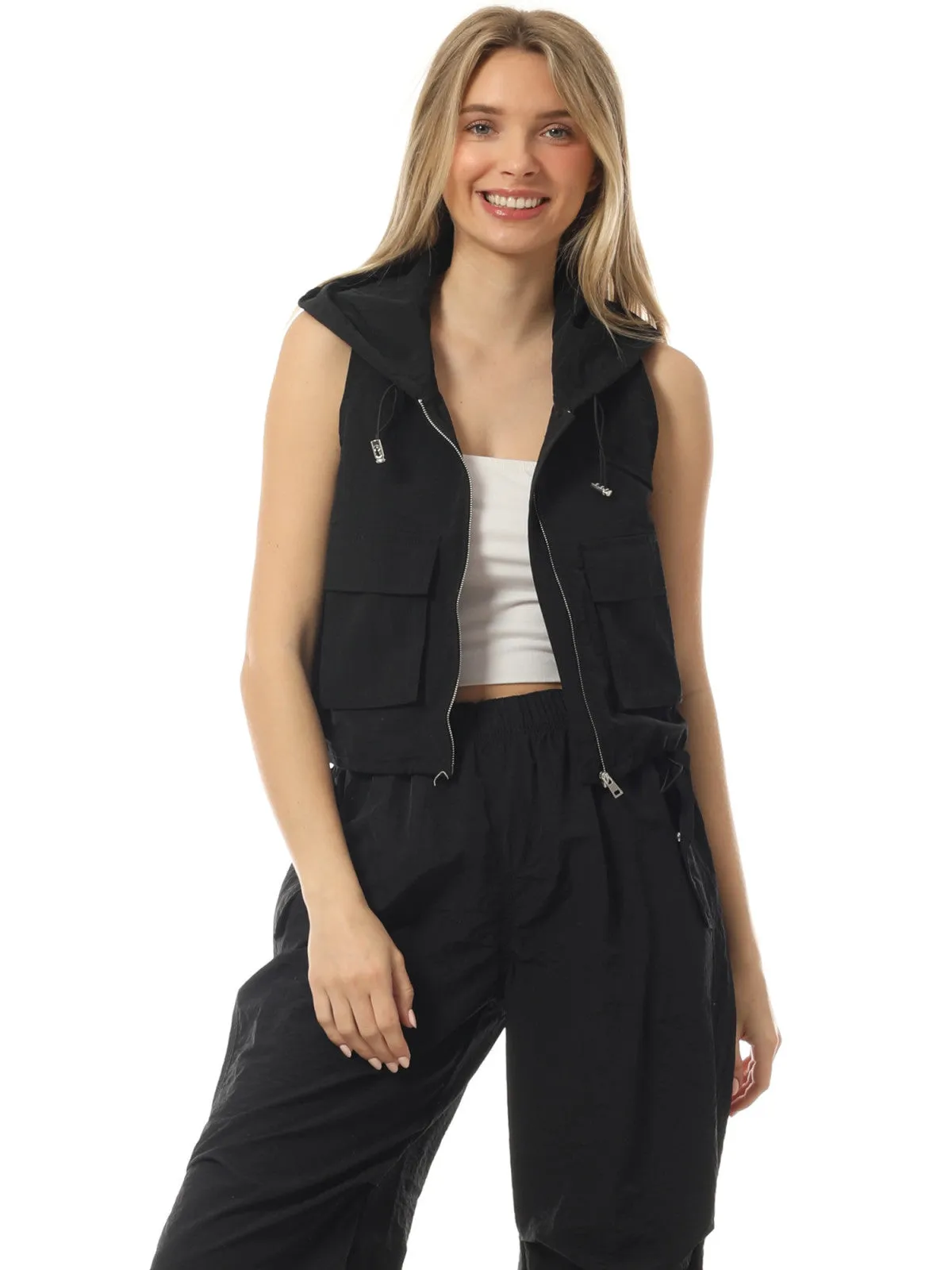Lightweight Zip Vest Jacket Outdoor Hooded Windbreaker Vest With Utility Pockets