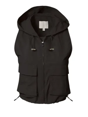 Lightweight Zip Vest Jacket Outdoor Hooded Windbreaker Vest With Utility Pockets