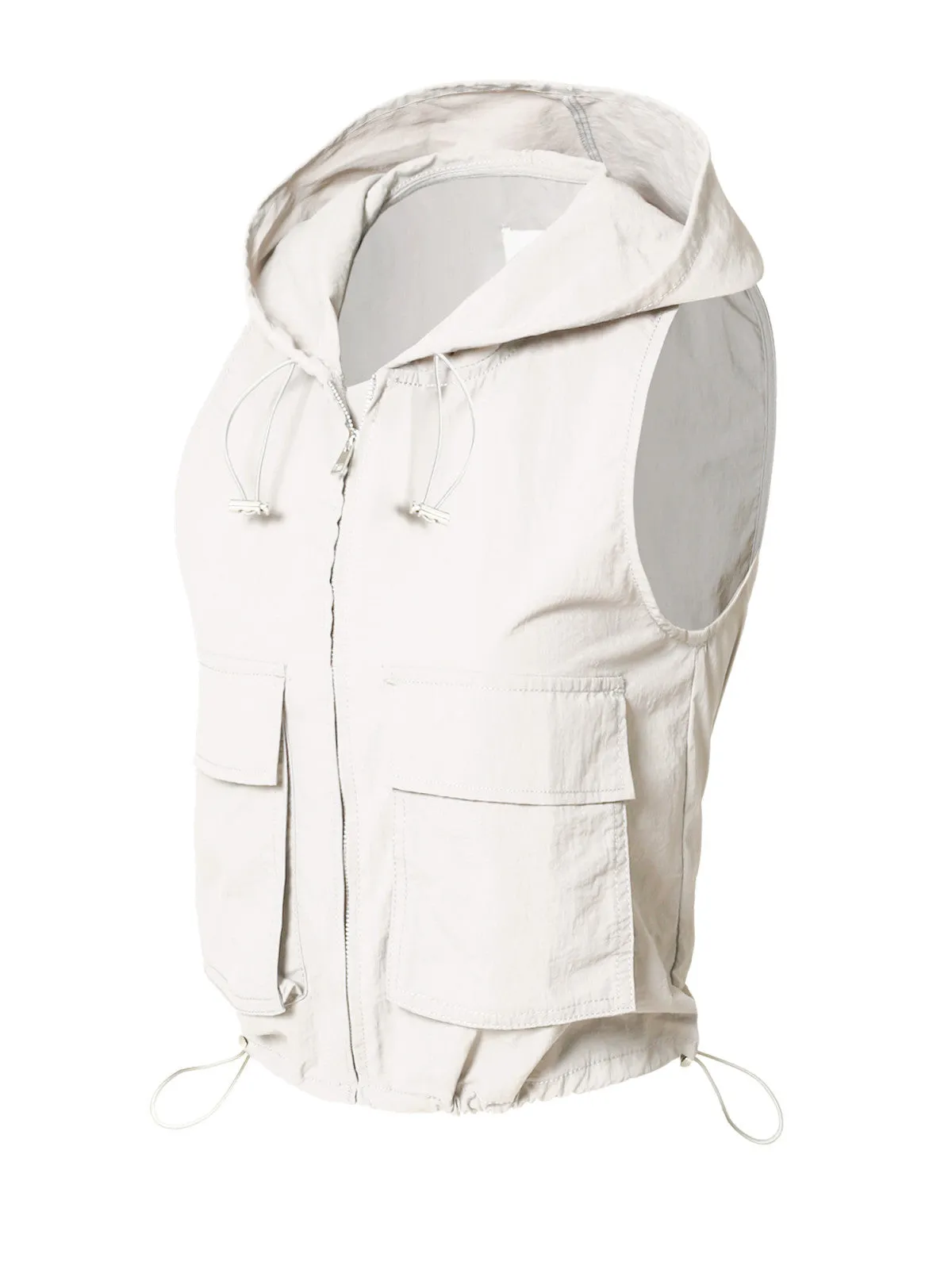 Lightweight Zip Vest Jacket Outdoor Hooded Windbreaker Vest With Utility Pockets