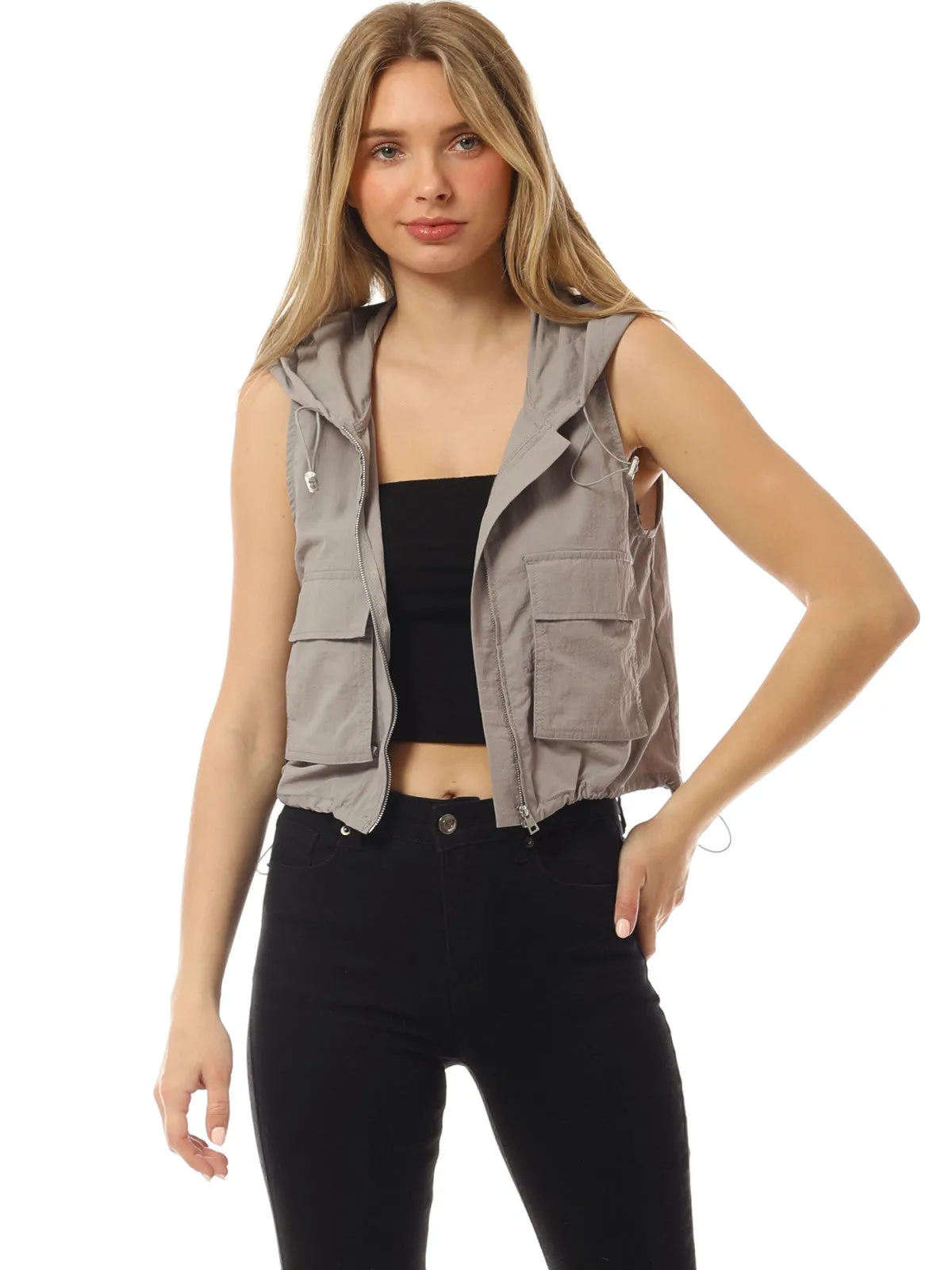 Lightweight Zip Vest Jacket Outdoor Hooded Windbreaker Vest With Utility Pockets
