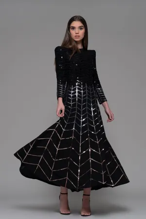 Long-Sleeved A-line Midi Dress with Embroidery