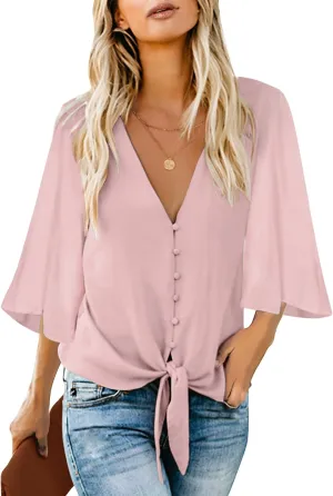 luvamia Women's Casual V Neck Tops 3/4 Sleeve Tie Knot Blouses Solid Button Down Shirts