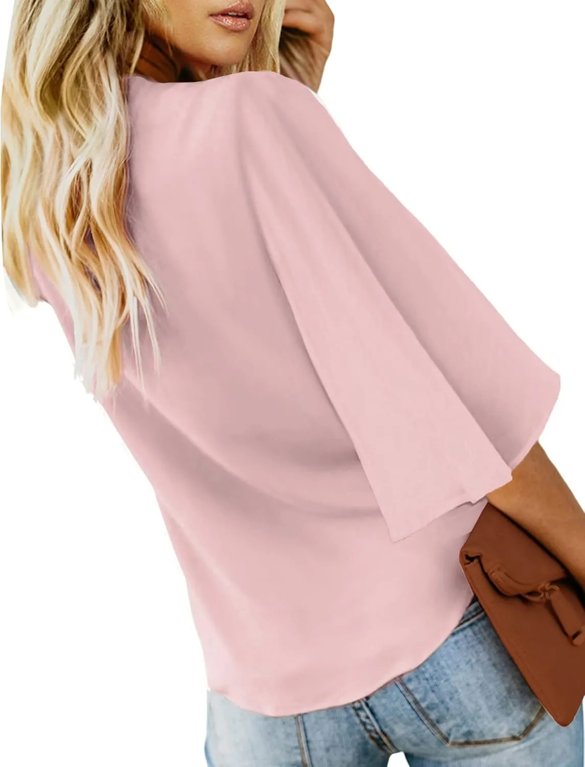luvamia Women's Casual V Neck Tops 3/4 Sleeve Tie Knot Blouses Solid Button Down Shirts