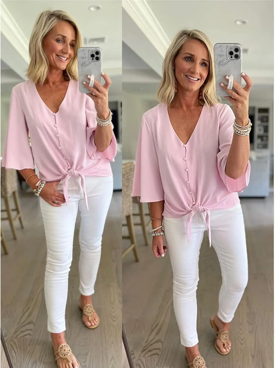 luvamia Women's Casual V Neck Tops 3/4 Sleeve Tie Knot Blouses Solid Button Down Shirts
