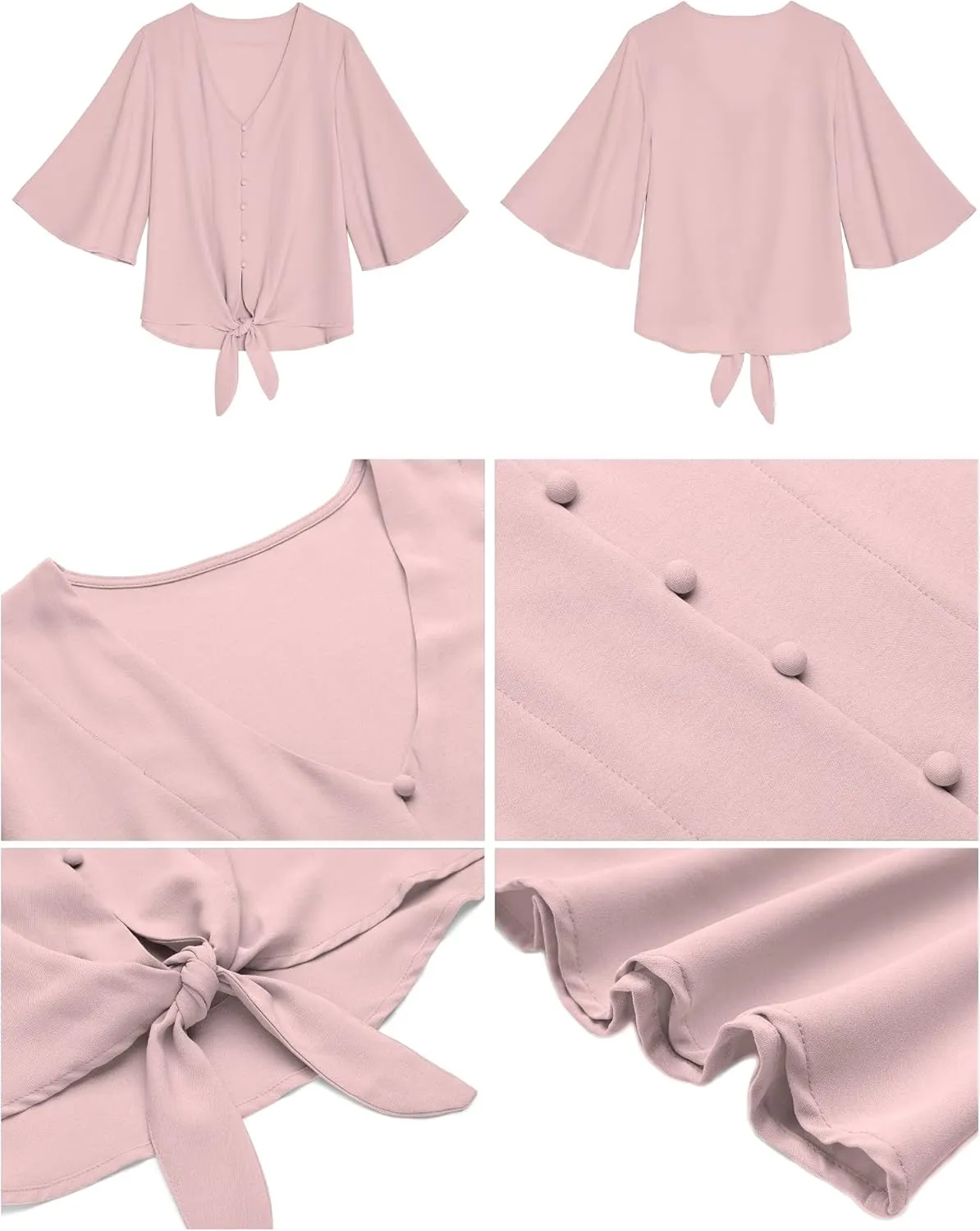 luvamia Women's Casual V Neck Tops 3/4 Sleeve Tie Knot Blouses Solid Button Down Shirts