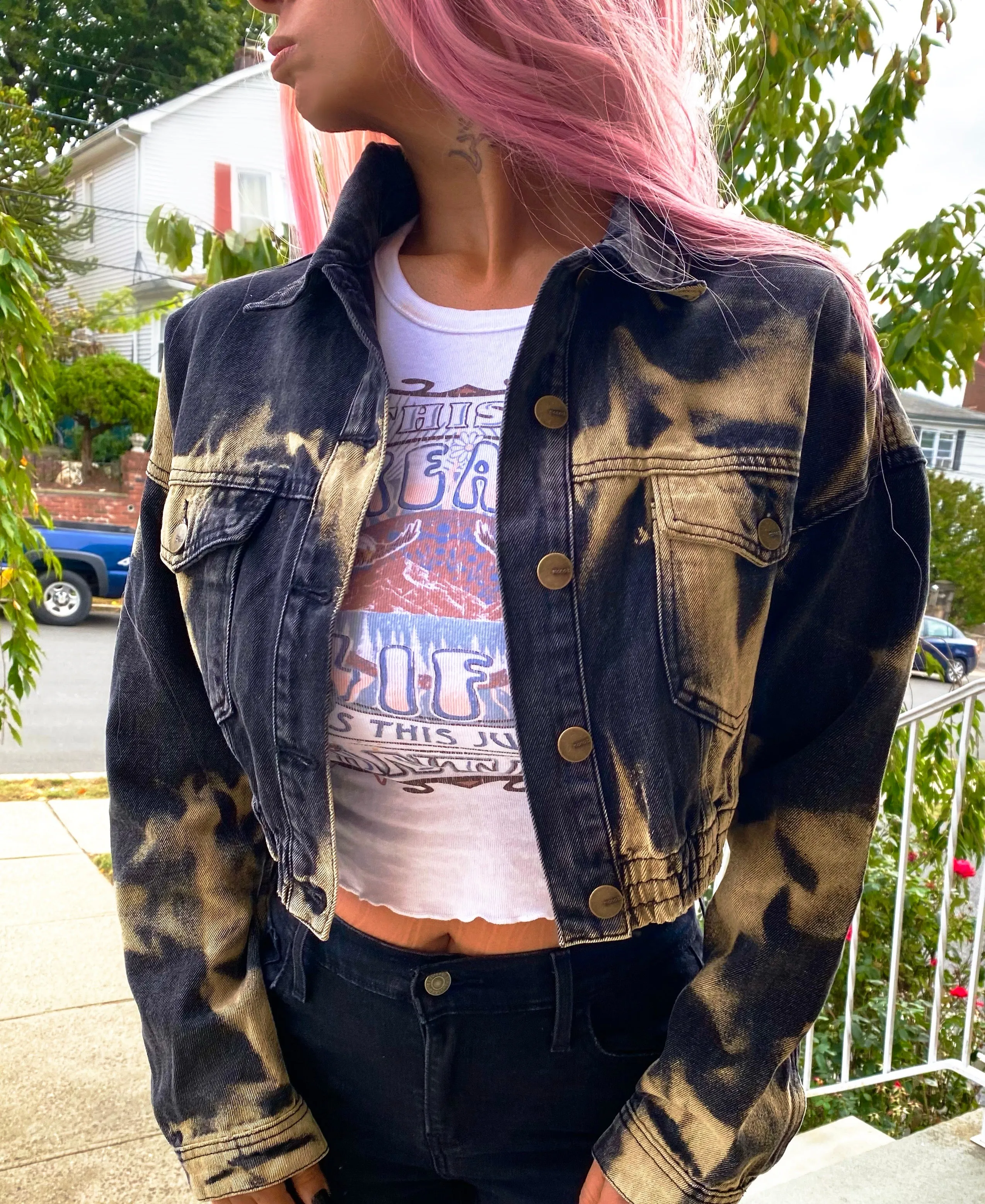 Maya Black and Tan Dyed Comfy Denim Jacket with Elastic Waistband