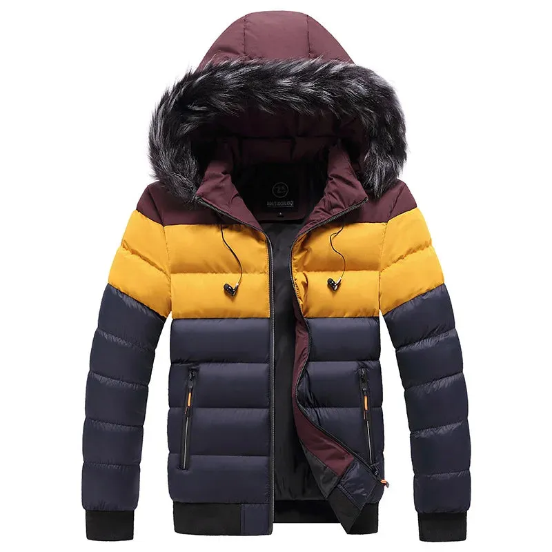 Men's Warm Windproof Puffer Jacket with Fur Hood