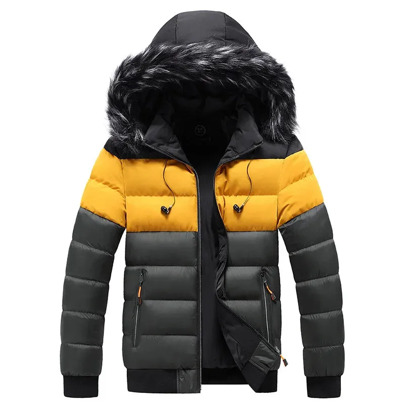 Men's Warm Windproof Puffer Jacket with Fur Hood