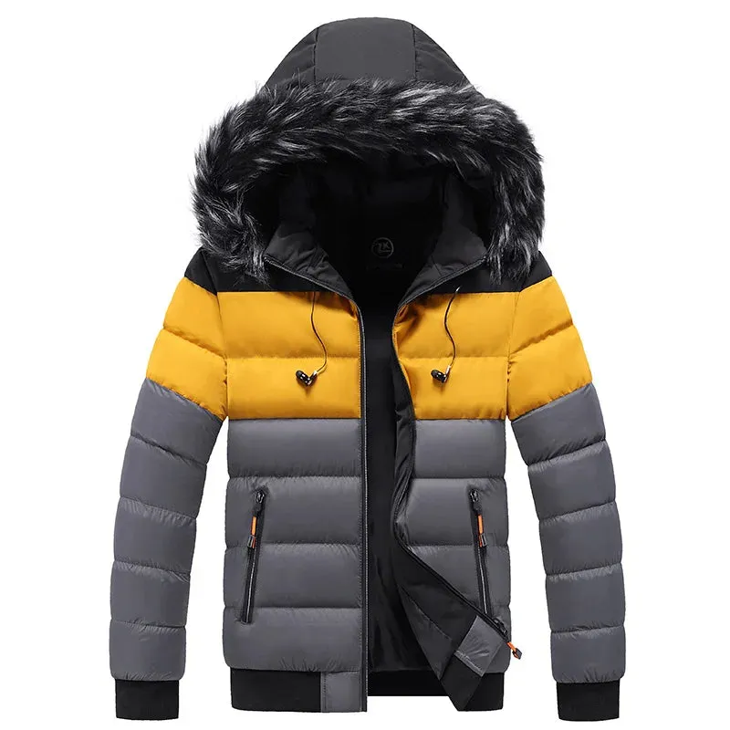 Men's Warm Windproof Puffer Jacket with Fur Hood