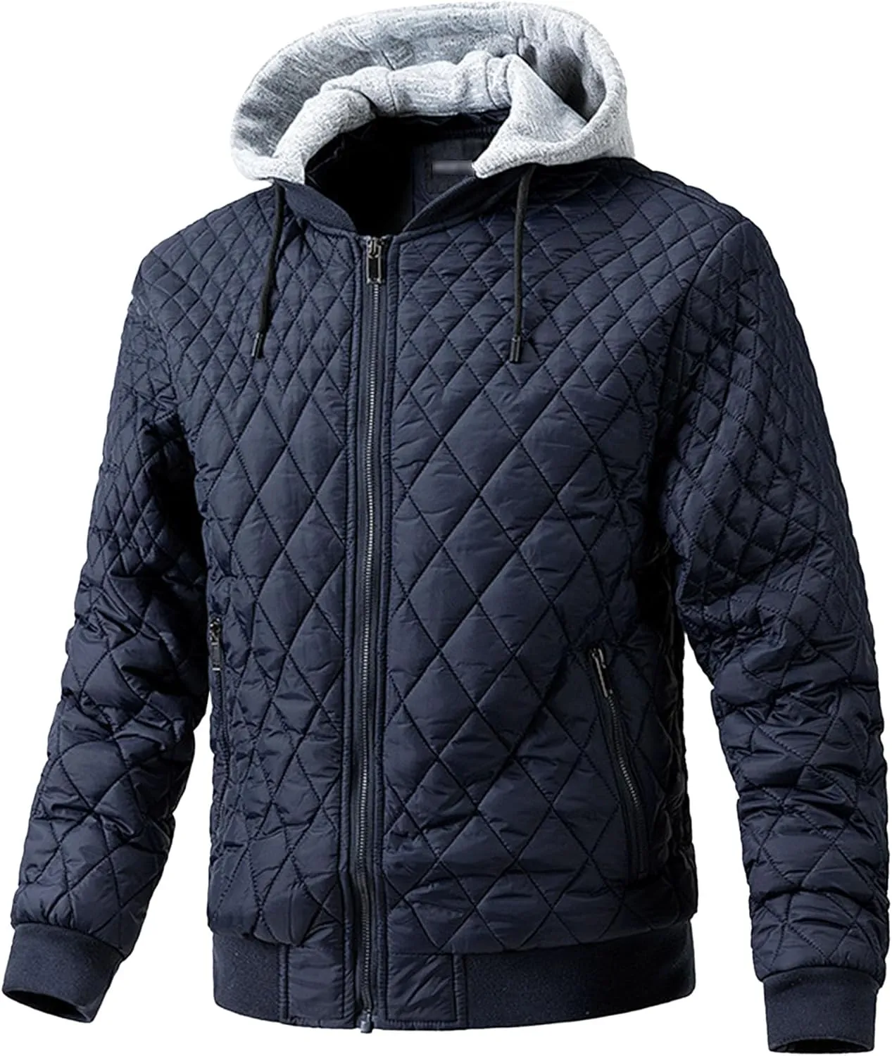 Men's Winter Quilted Jacket with Removable Hood Long Sleeve Casual Diamond Bomber Jacket Warm Winter Padded Coat