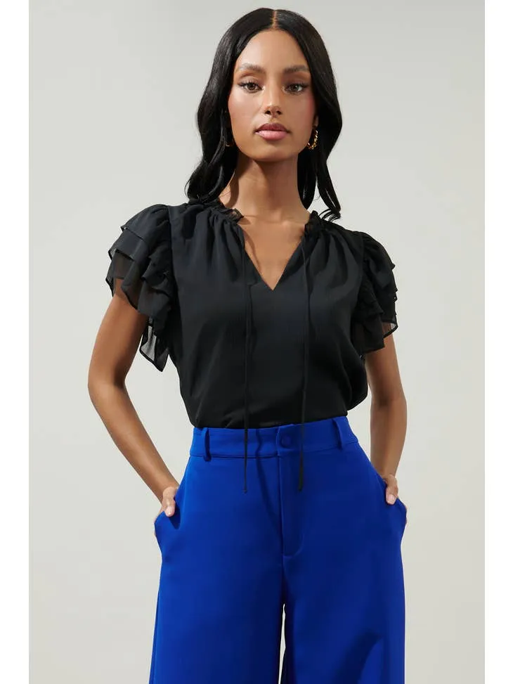Montie Black Ruffle Tie Neck Blouse