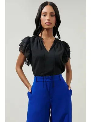 Montie Black Ruffle Tie Neck Blouse