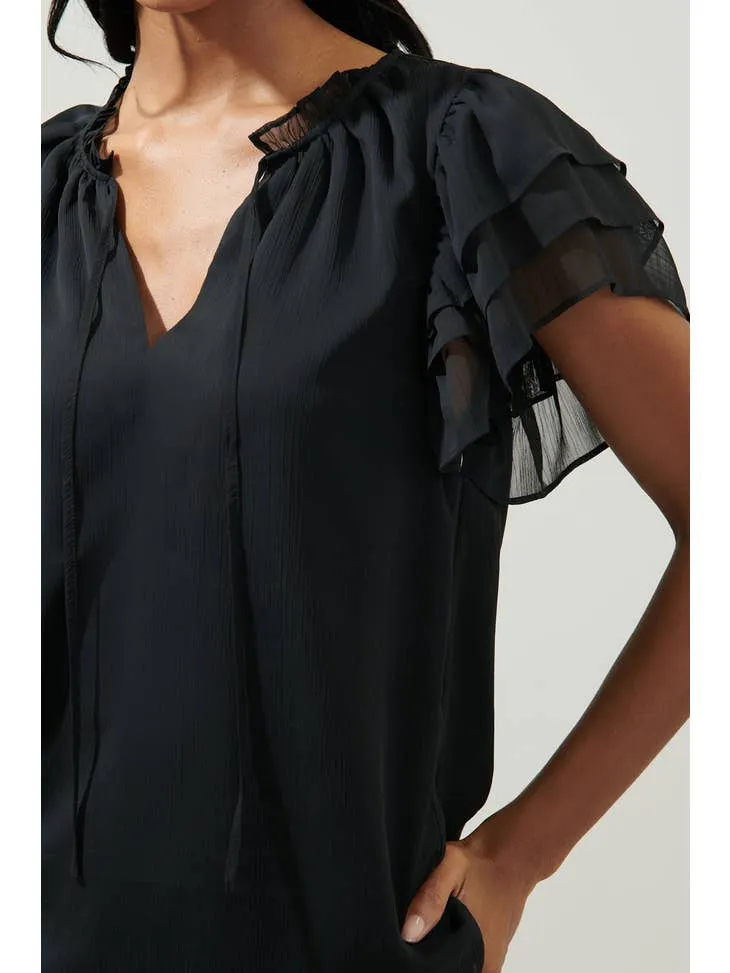 Montie Black Ruffle Tie Neck Blouse