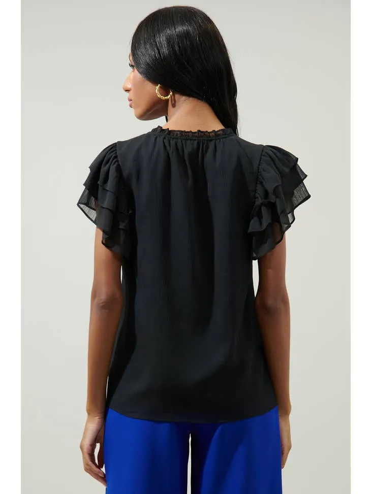 Montie Black Ruffle Tie Neck Blouse