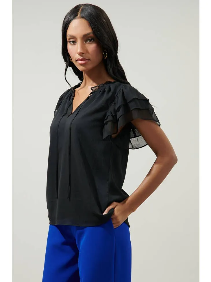 Montie Black Ruffle Tie Neck Blouse