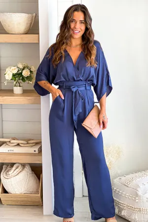 Navy Woven Jumpsuit With Pockets