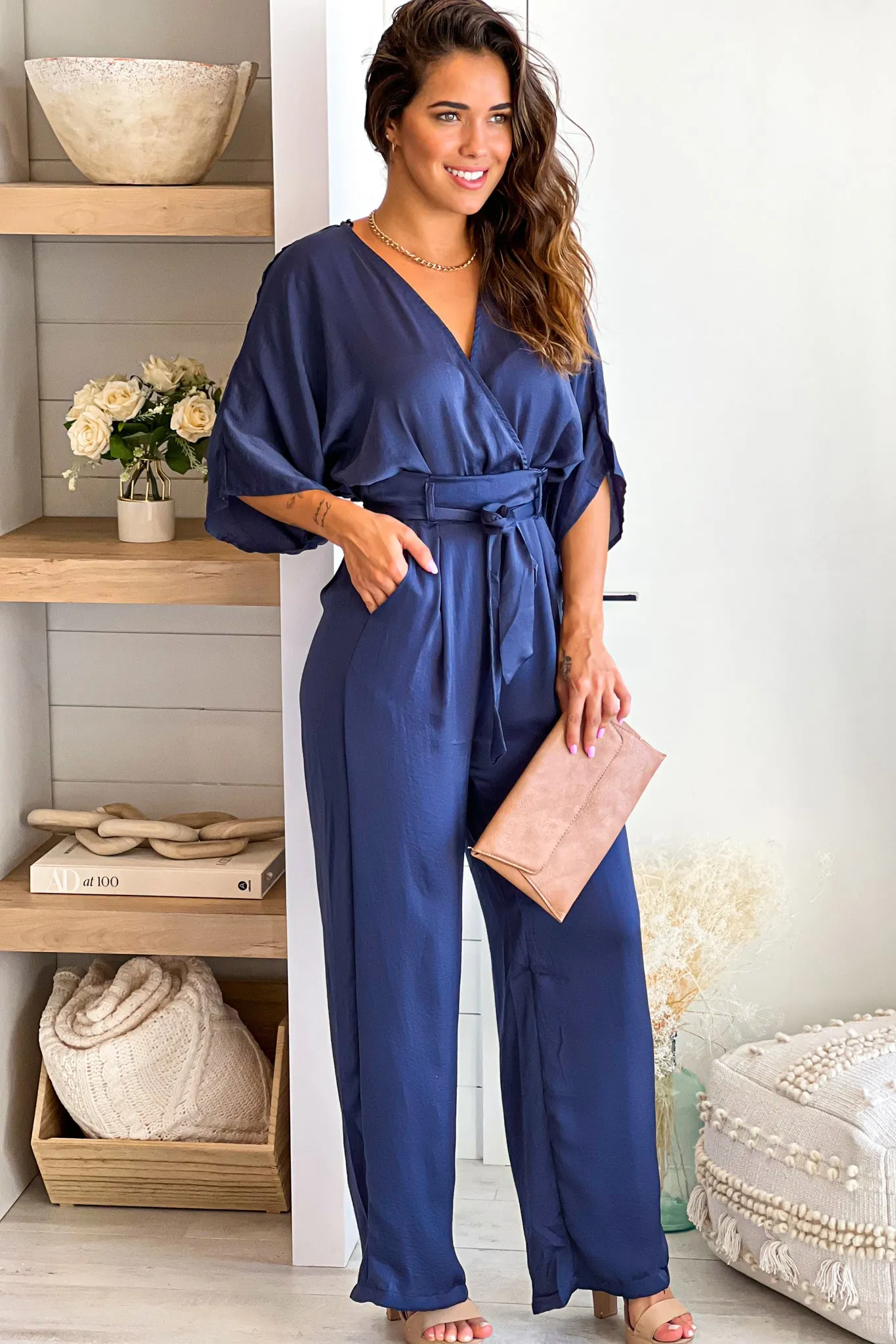 Navy Woven Jumpsuit With Pockets