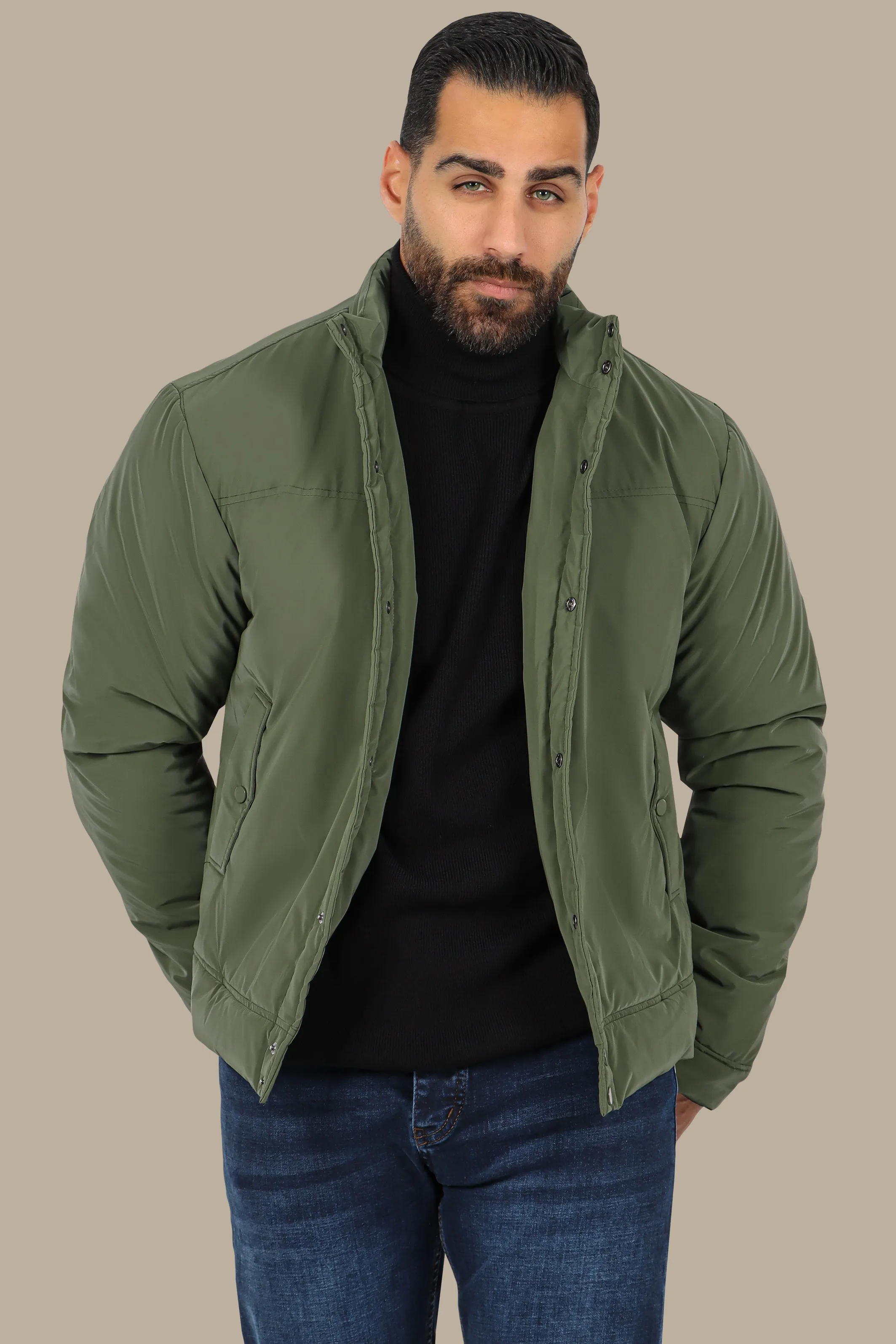Olive Full Button Puffer Jacket