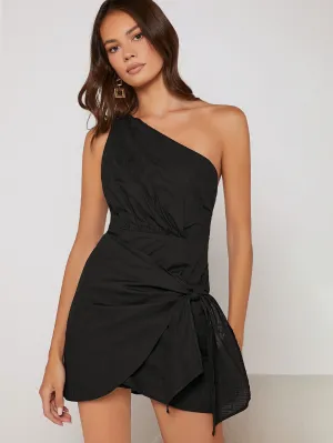 One Shoulder Knot Solid Wrap Dress