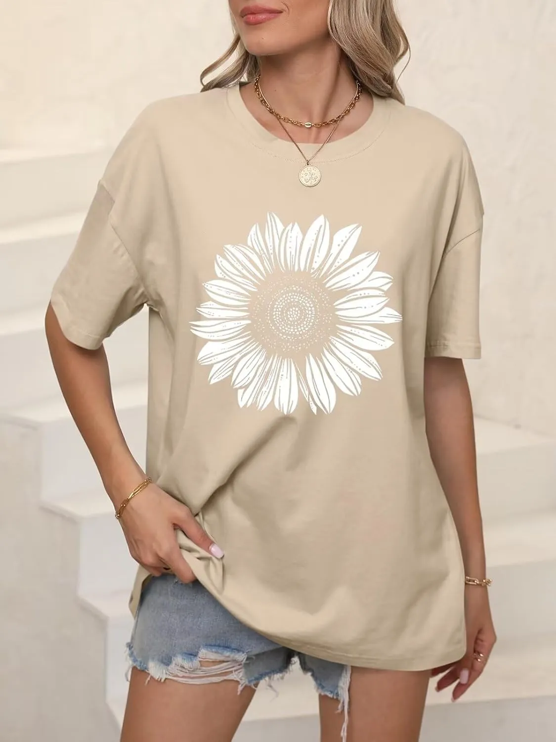 ORANDESIGNE Womens Oversized Graphic Print Short Sleeve Tunic Tops Crew Neck Casual Drop Shoulder T Shirts