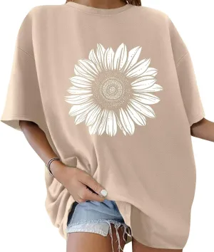 ORANDESIGNE Womens Oversized Graphic Print Short Sleeve Tunic Tops Crew Neck Casual Drop Shoulder T Shirts