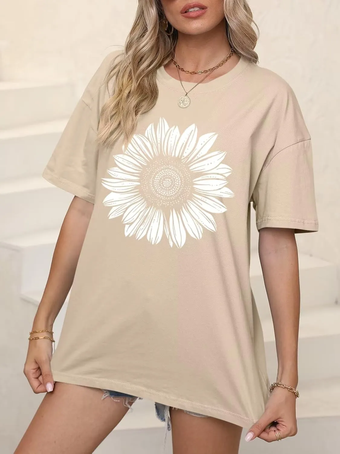 ORANDESIGNE Womens Oversized Graphic Print Short Sleeve Tunic Tops Crew Neck Casual Drop Shoulder T Shirts