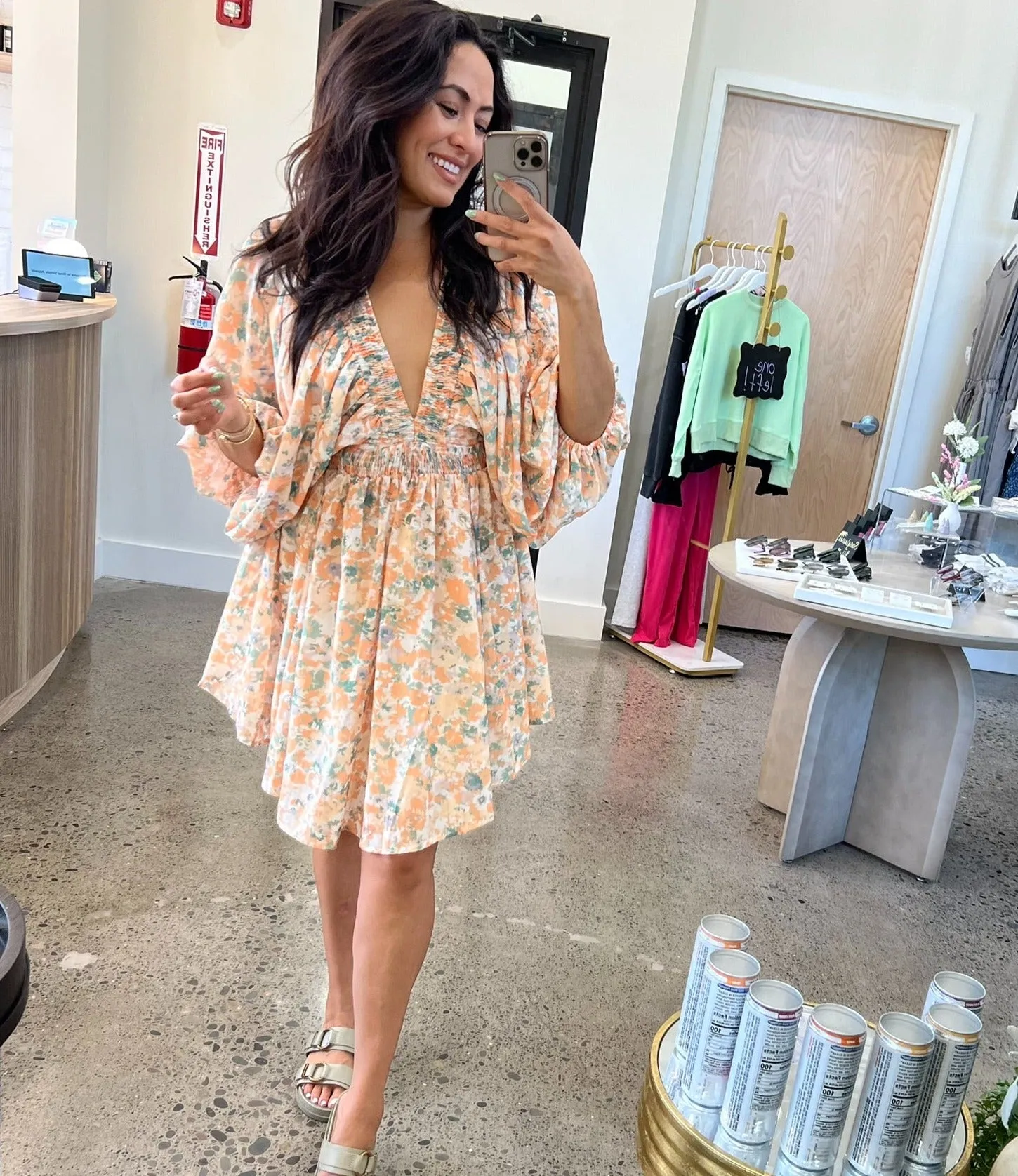 Peach Floral Ruched Vneck Mini Dress