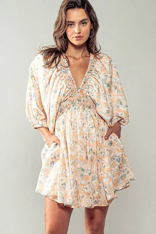 Peach Floral Ruched Vneck Mini Dress