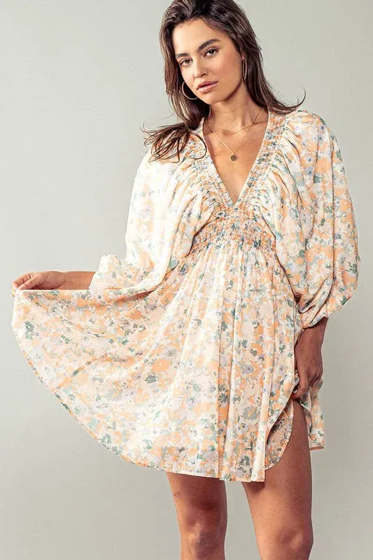 Peach Floral Ruched Vneck Mini Dress