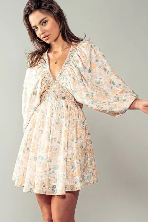 Peach Floral Ruched Vneck Mini Dress