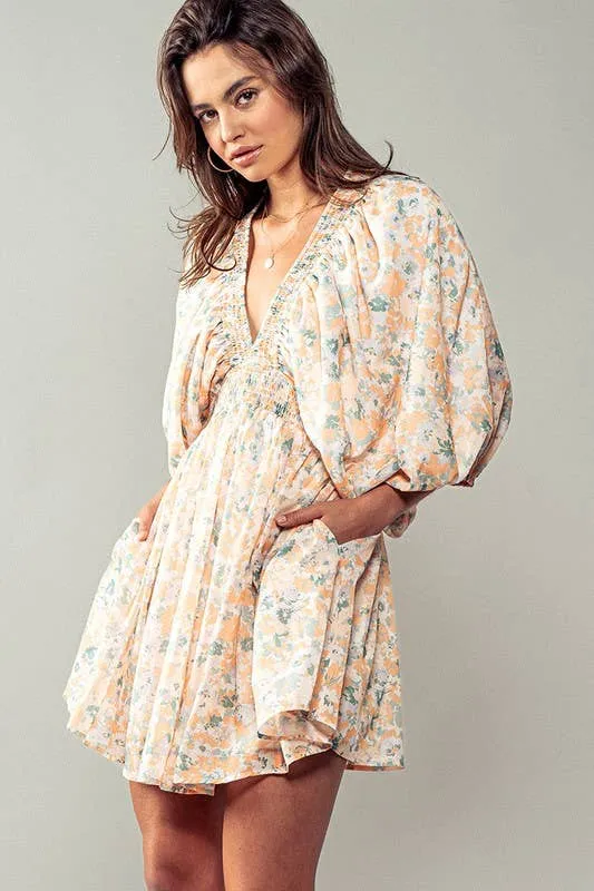 Peach Floral Ruched Vneck Mini Dress
