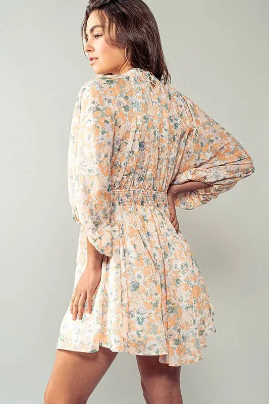 Peach Floral Ruched Vneck Mini Dress