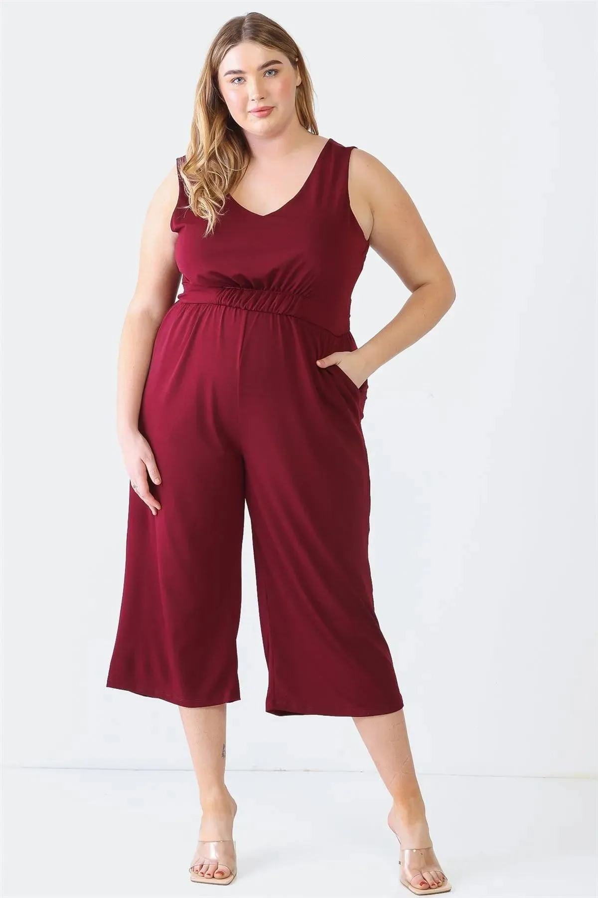 Plus Size V-Neck Two Pocket Wrap Back Jumpsuit /3-2-1