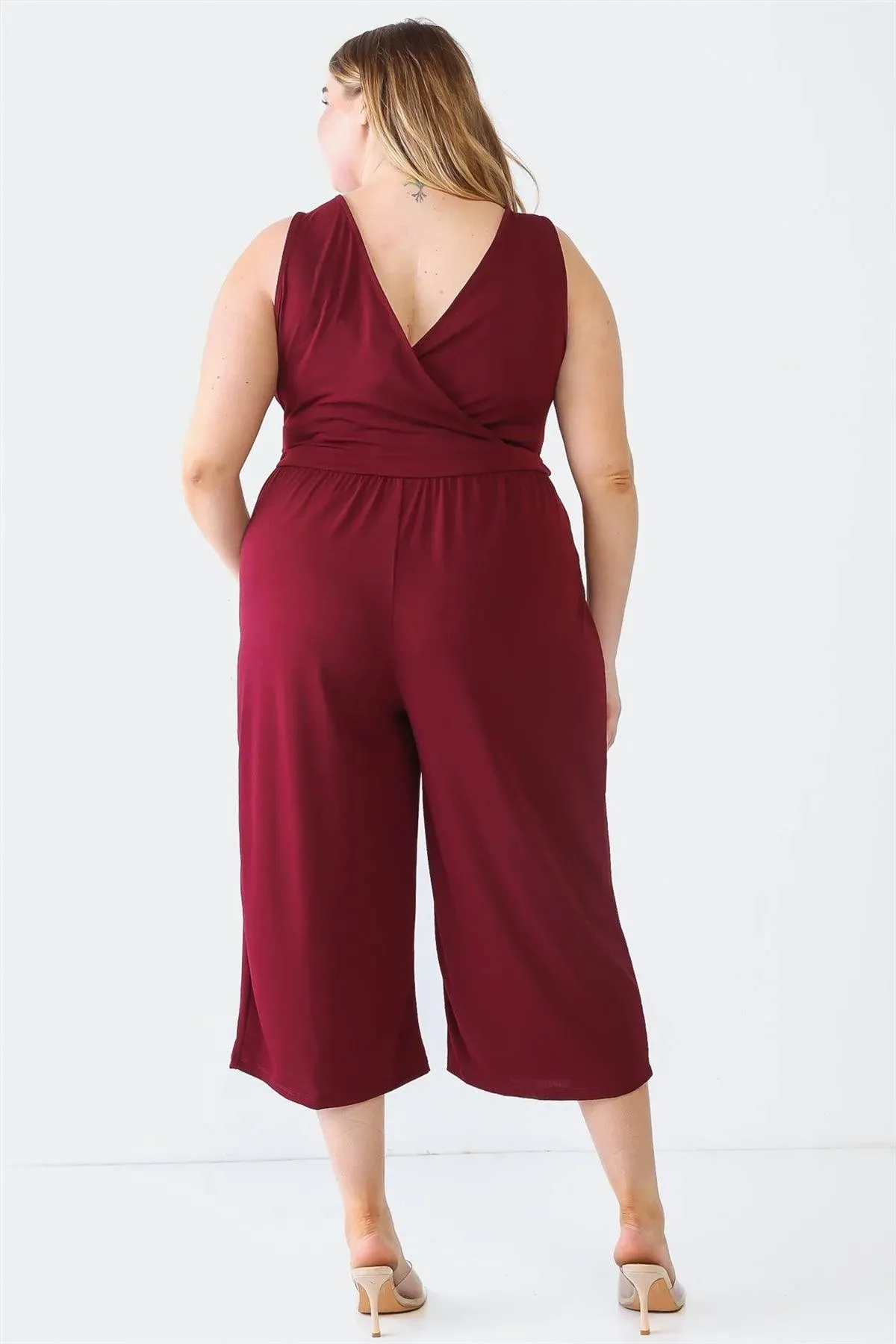 Plus Size V-Neck Two Pocket Wrap Back Jumpsuit /3-2-1