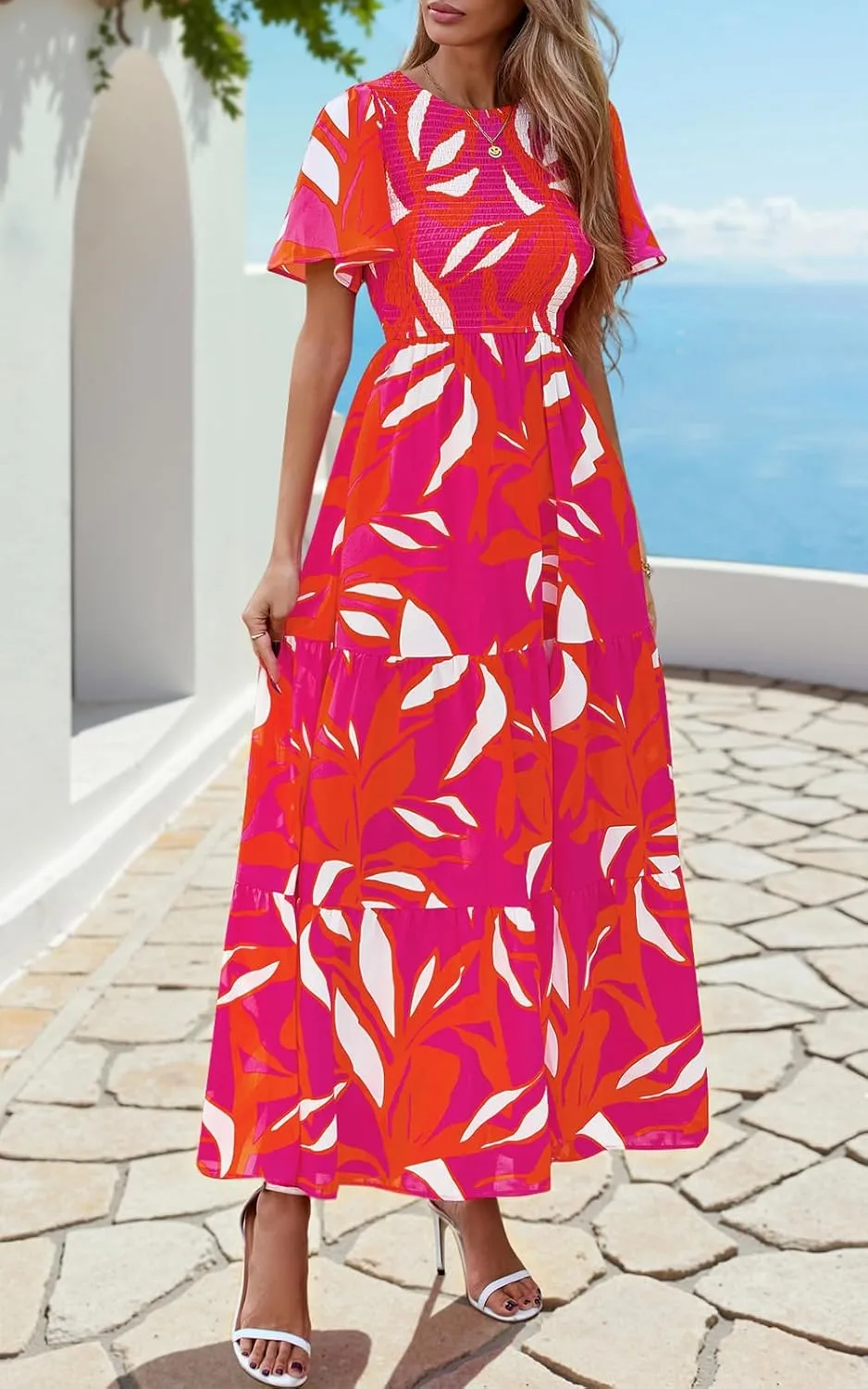 PRETTYGARDEN Women's 2025 Summer Casual Flutter Short Sleeve Boho Floral Maxi Dress Crew Neck Smocked Tiered Long Dresses